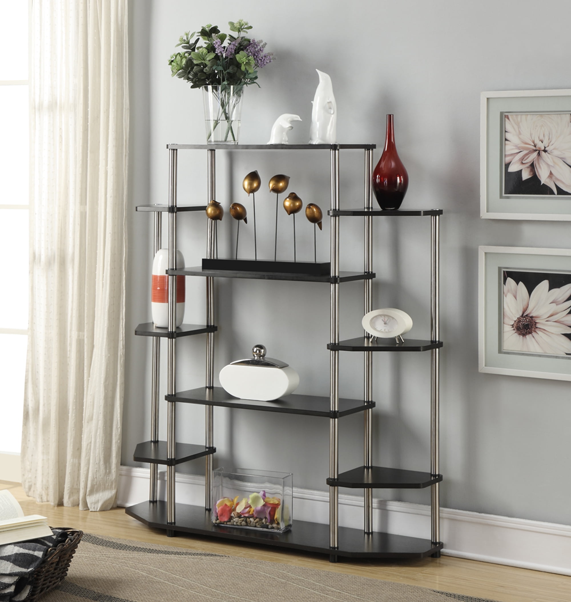 Black Wood and Stainless Steel 10-Shelf Wall Unit