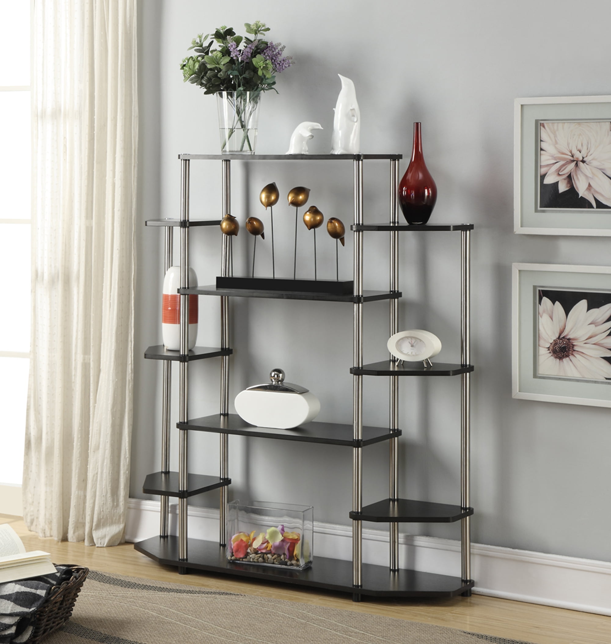 Black Wood and Stainless Steel 10-Shelf Wall Unit