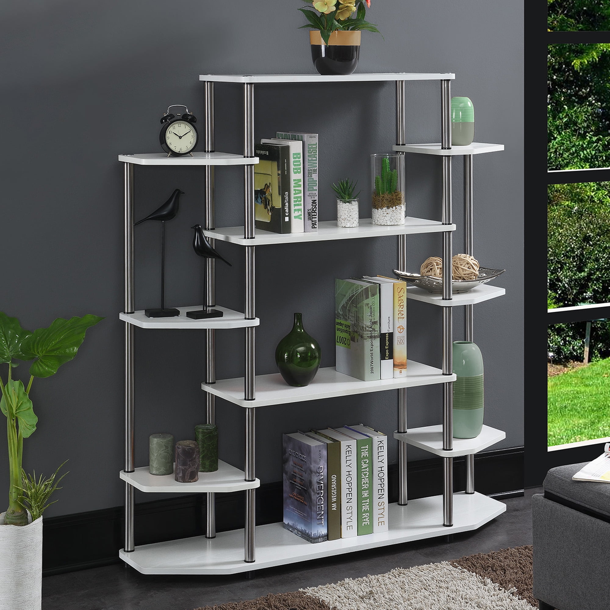 Modern White Wood Wall Unit Bookshelf with Stainless Steel Legs