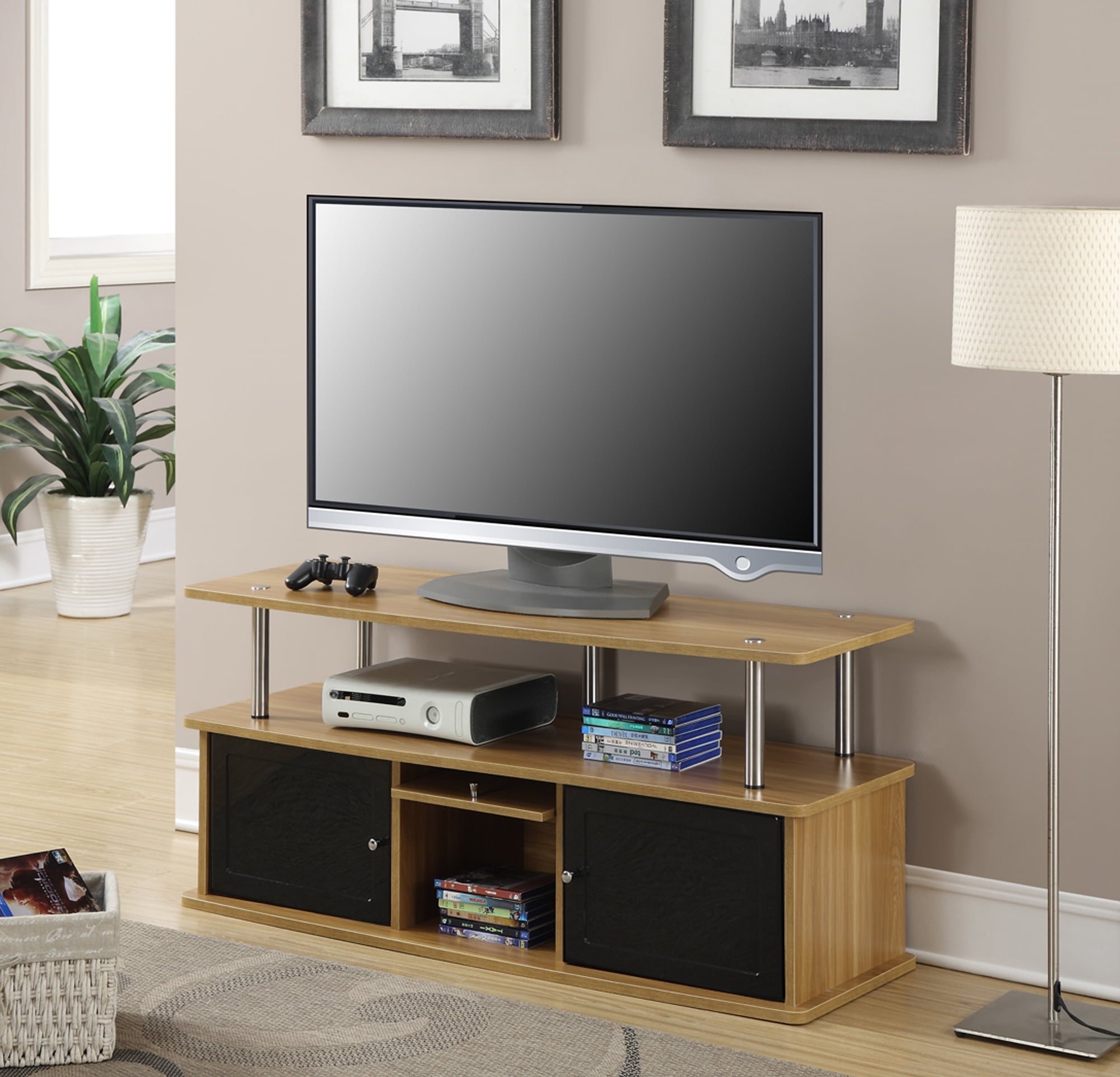 Convenience Concepts Designs2Go TV Stand w/ 3 Storage Cabinets & Shelf for TVs up to 55", Light Oak