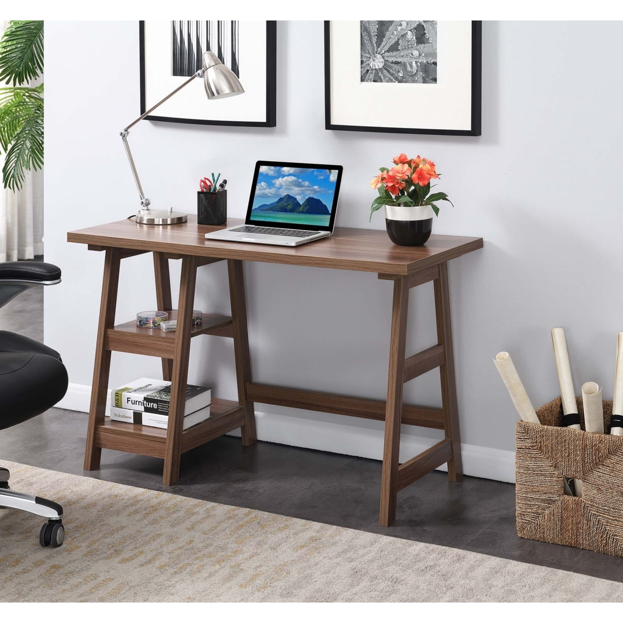 Cappuccino Wood Trestle Desk with Shelves, 47"