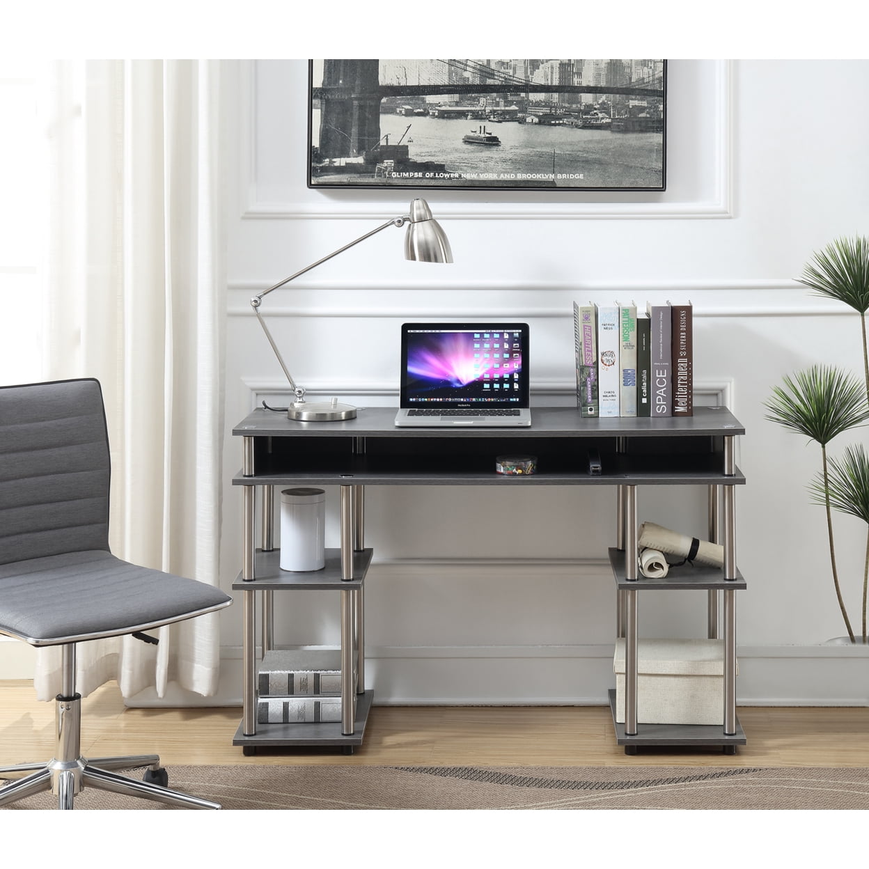 Charcoal Gray Wood Student Desk with Shelves