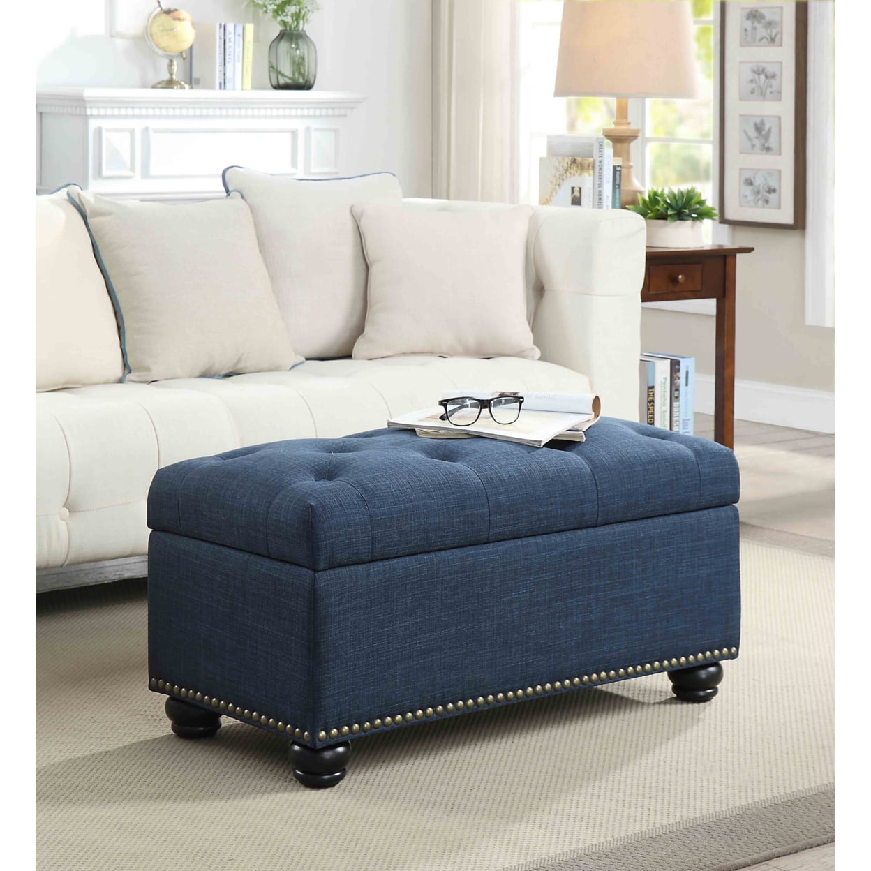 Elegant Blue Velvet Tufted Footstool with Nailhead Trim and Storage