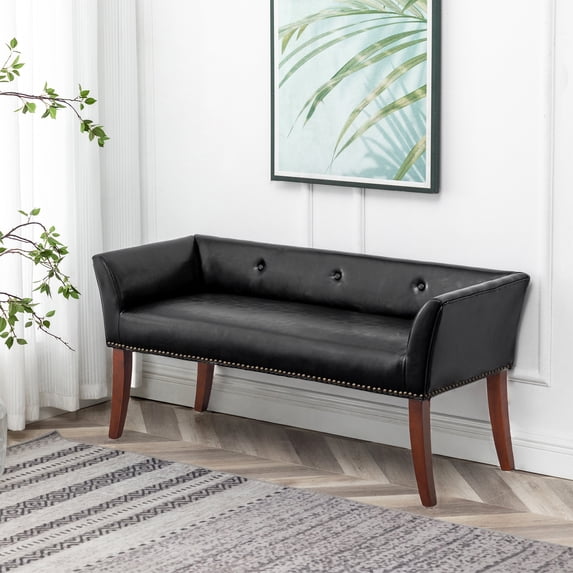 Convenience Concepts Designs4Comfort Gabriella Bench Ottoman, Black Faux Leather/Espresso