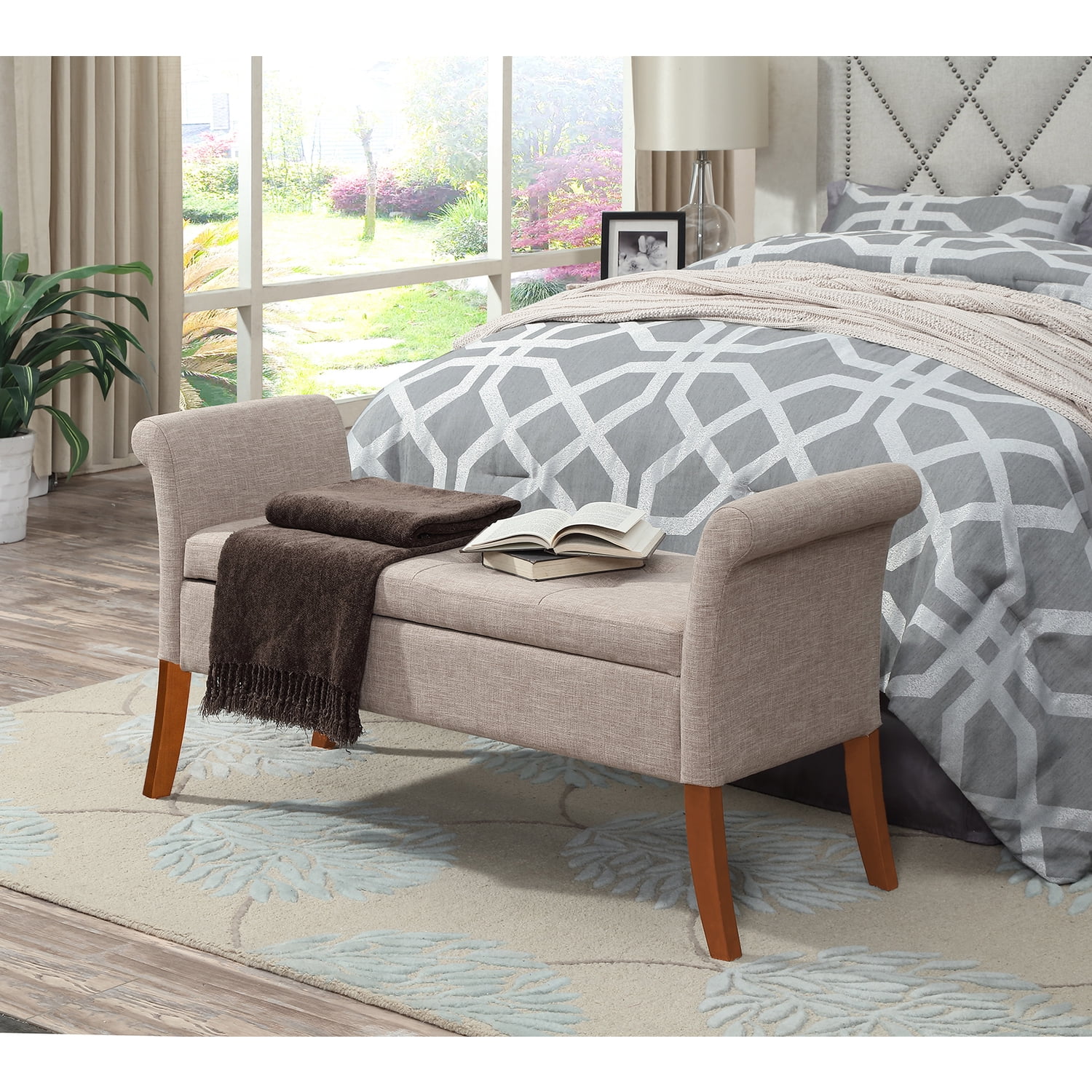 Classic Tan Fabric Rolled Arm Storage Bench with Solid Wood Feet