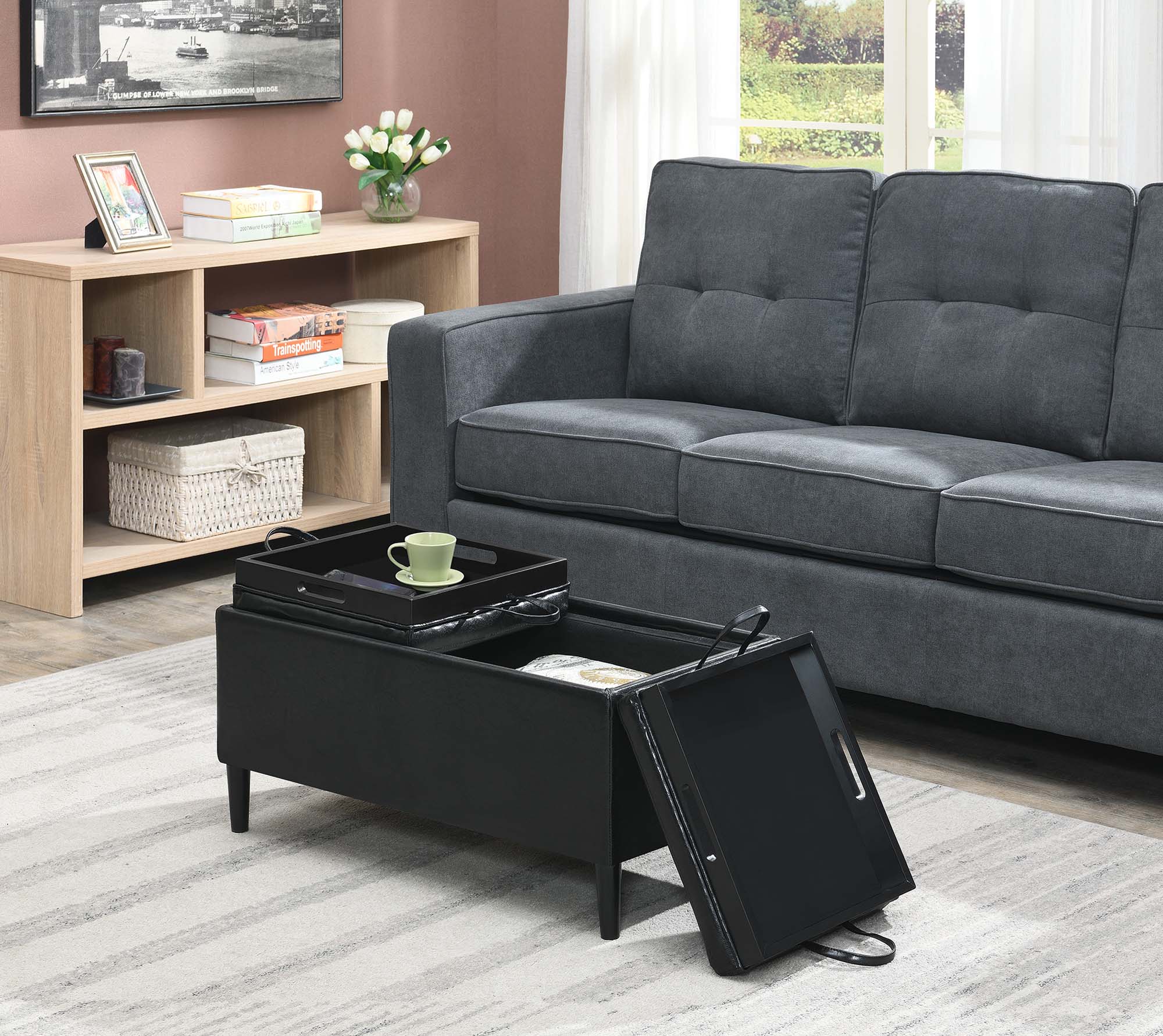 Convenience Concepts Designs4Comfort Magnolia Storage Ottoman with Reversible Trays, Black Faux Leather - image 1 of 4