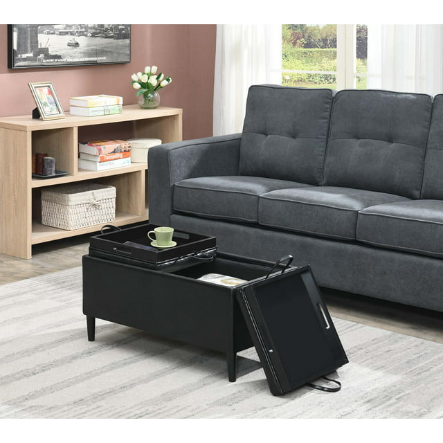 Convenience Concepts Designs4Comfort Magnolia Storage Ottoman with Reversible Trays, Black Faux Leather