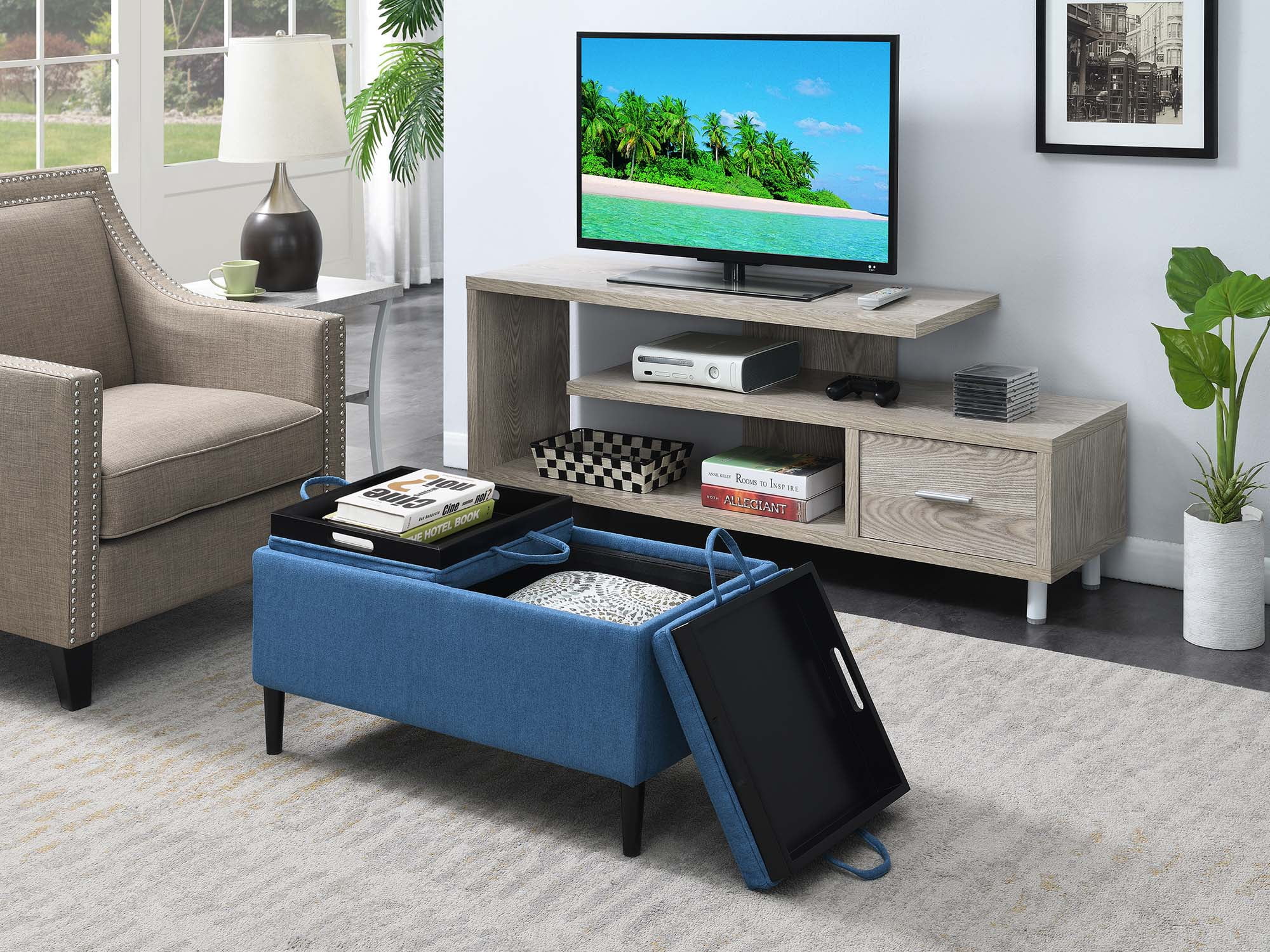 Designs4Comfort Soft Blue Fabric Storage Ottoman with Reversible Trays