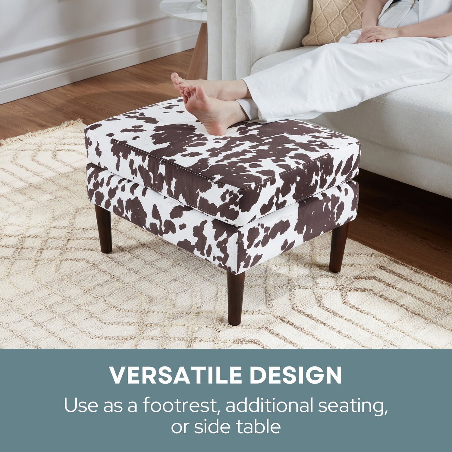 Designs4Comfort Marlow Mid Century Ottoman in Brown Cowhide Print Fabric