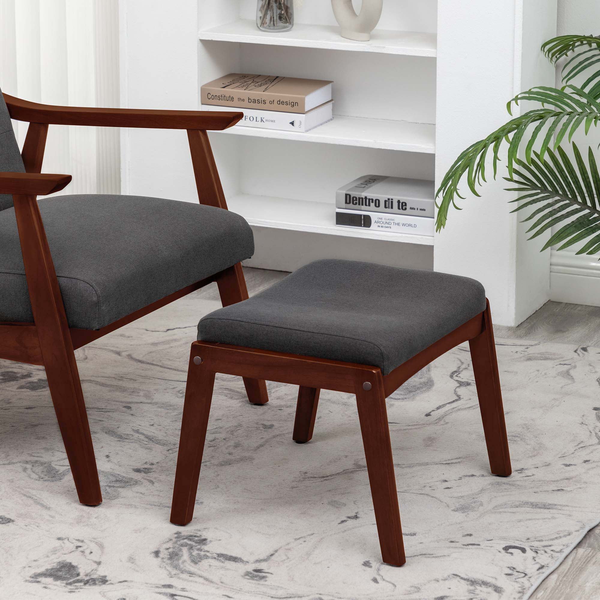 Dark Gray and Espresso Mid-Century Modern Accent Ottoman Stool