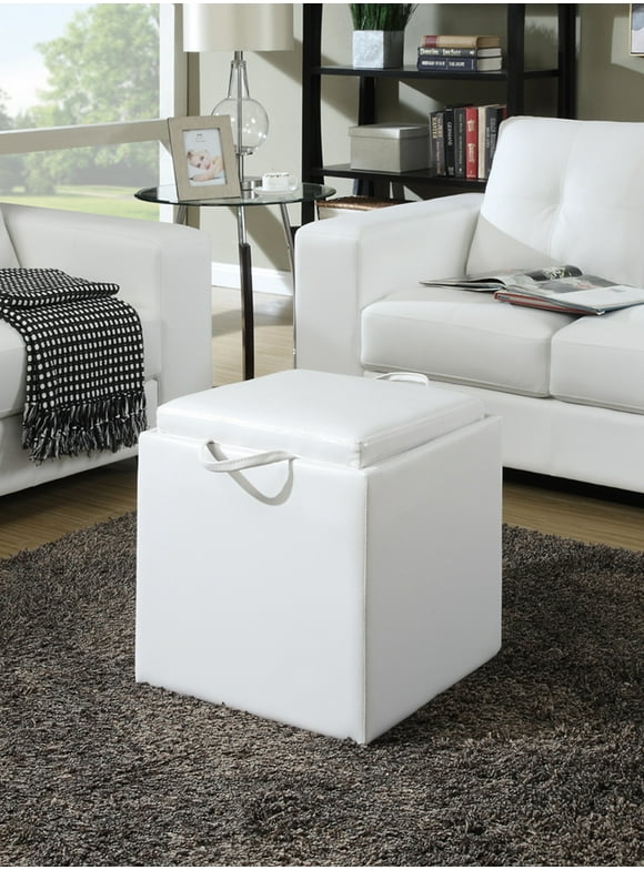 Convenience Concepts Designs4Comfort Park Avenue Single Ottoman with Stool and Reversible Tray, Ivory Faux Leather