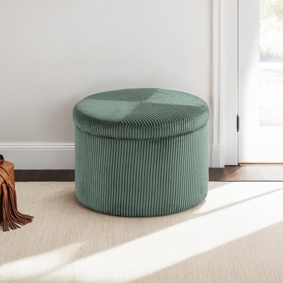 Convenience Concepts Designs4Comfort Round Corduroy Shoe Storage Ottoman with Reversible Tray Table Lid, Dark Sage Green