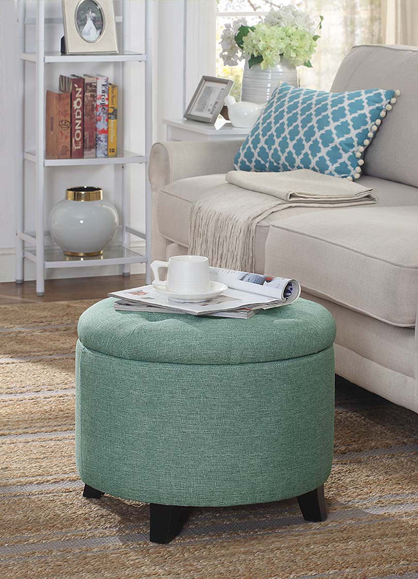 Green Tufted Round Storage Ottoman with Rubberwood Legs