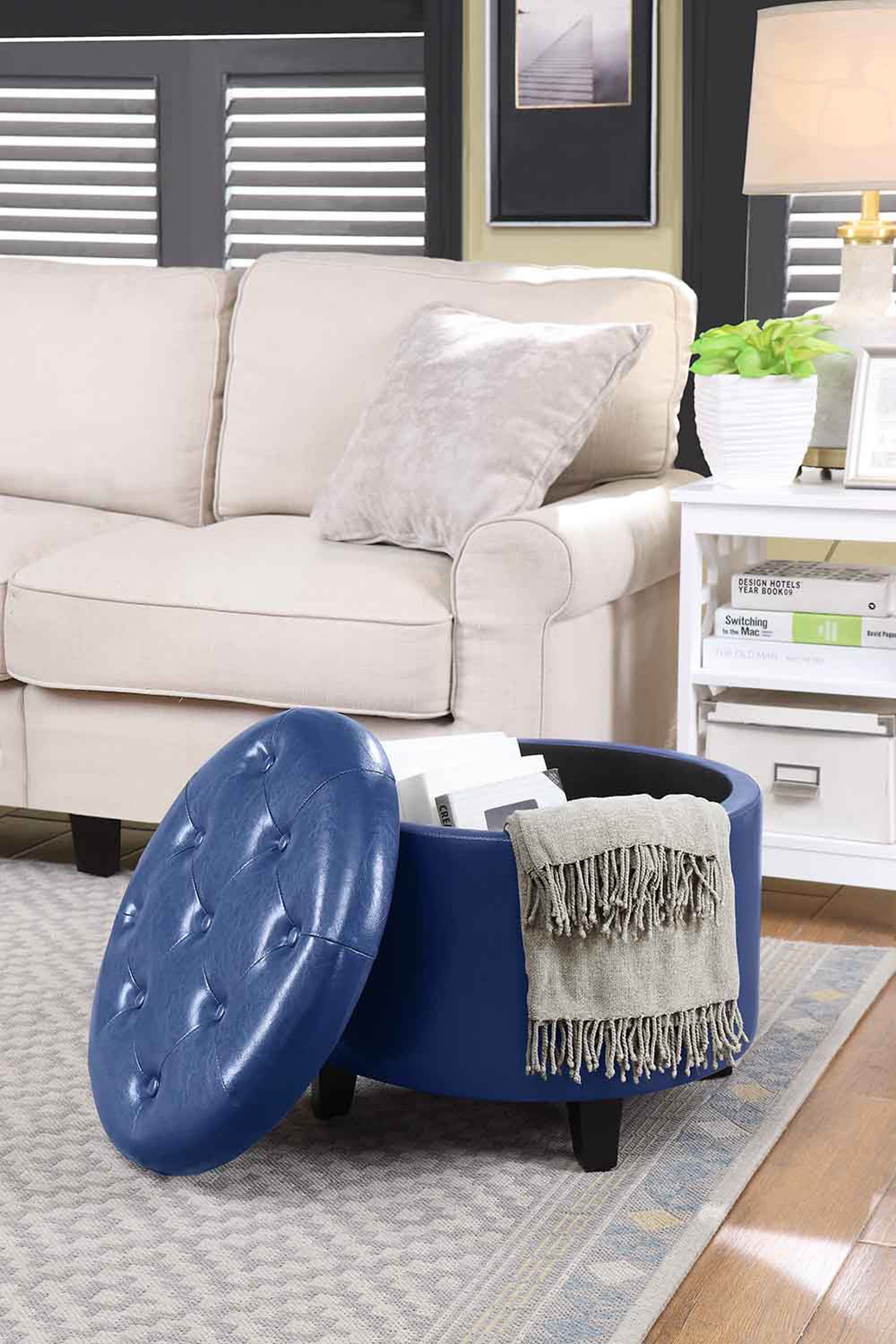 Blue Tufted Faux Leather Round Storage Ottoman