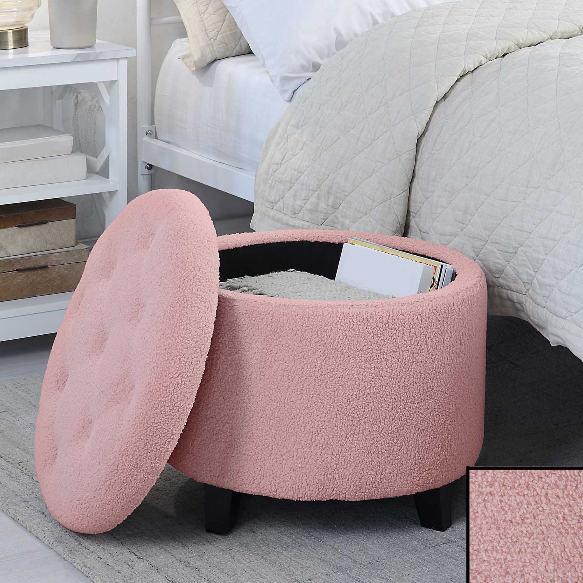 Convenience Concepts Designs4Comfort Round Sherpa Storage Ottoman Sherpa Pink