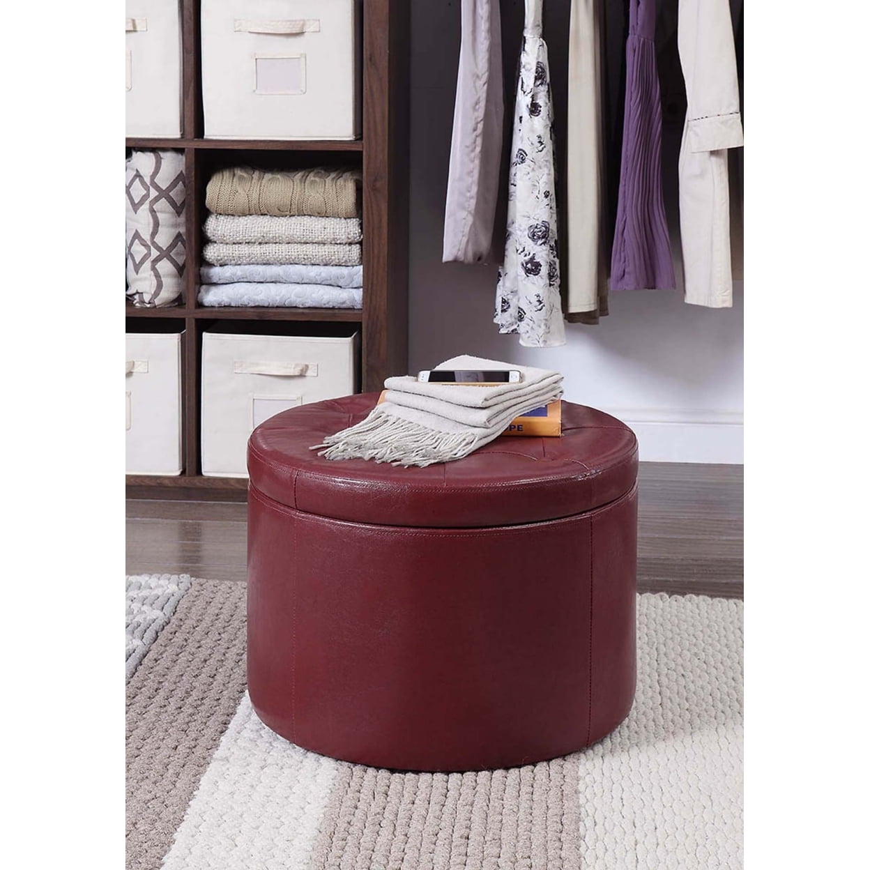 Free Shipping Convenience Concepts Designs4Comfort Round Shoe Storage Ottoman Dark Blue Linen Walmart