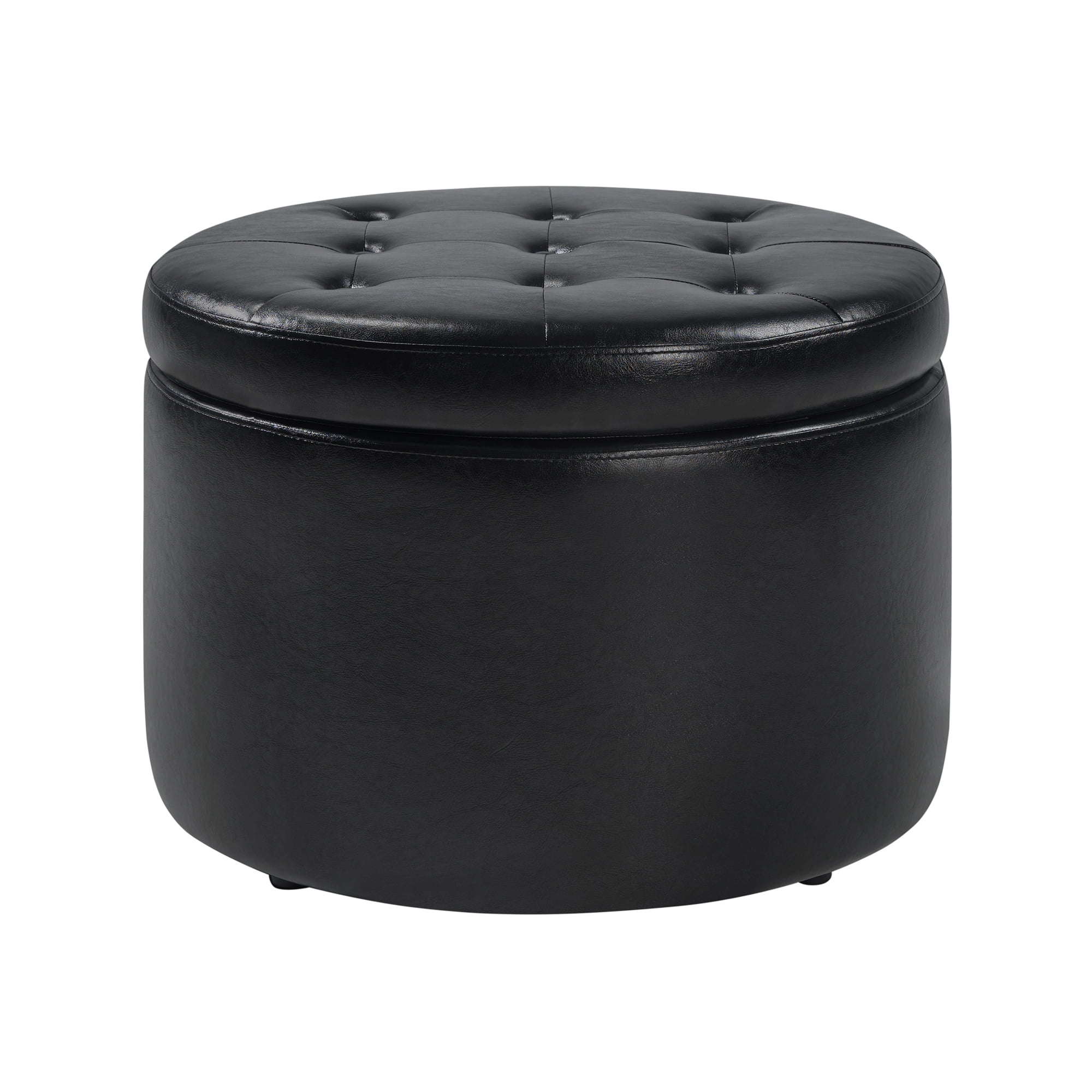 Convenience Concepts Designs4Comfort Round Shoe Storage Ottoman with Reversible Tray Table Lid, Black Vegan Leather
