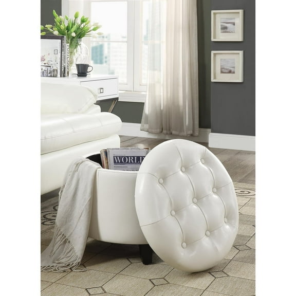 Convenience Concepts Designs4Comfort Round Storage Ottoman, Ivory Faux Leather