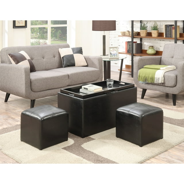 Convenience Concepts Designs4Comfort Sheridan Storage Bench with Reversible Tray and 2 Side Ottomans, Black Faux Leather