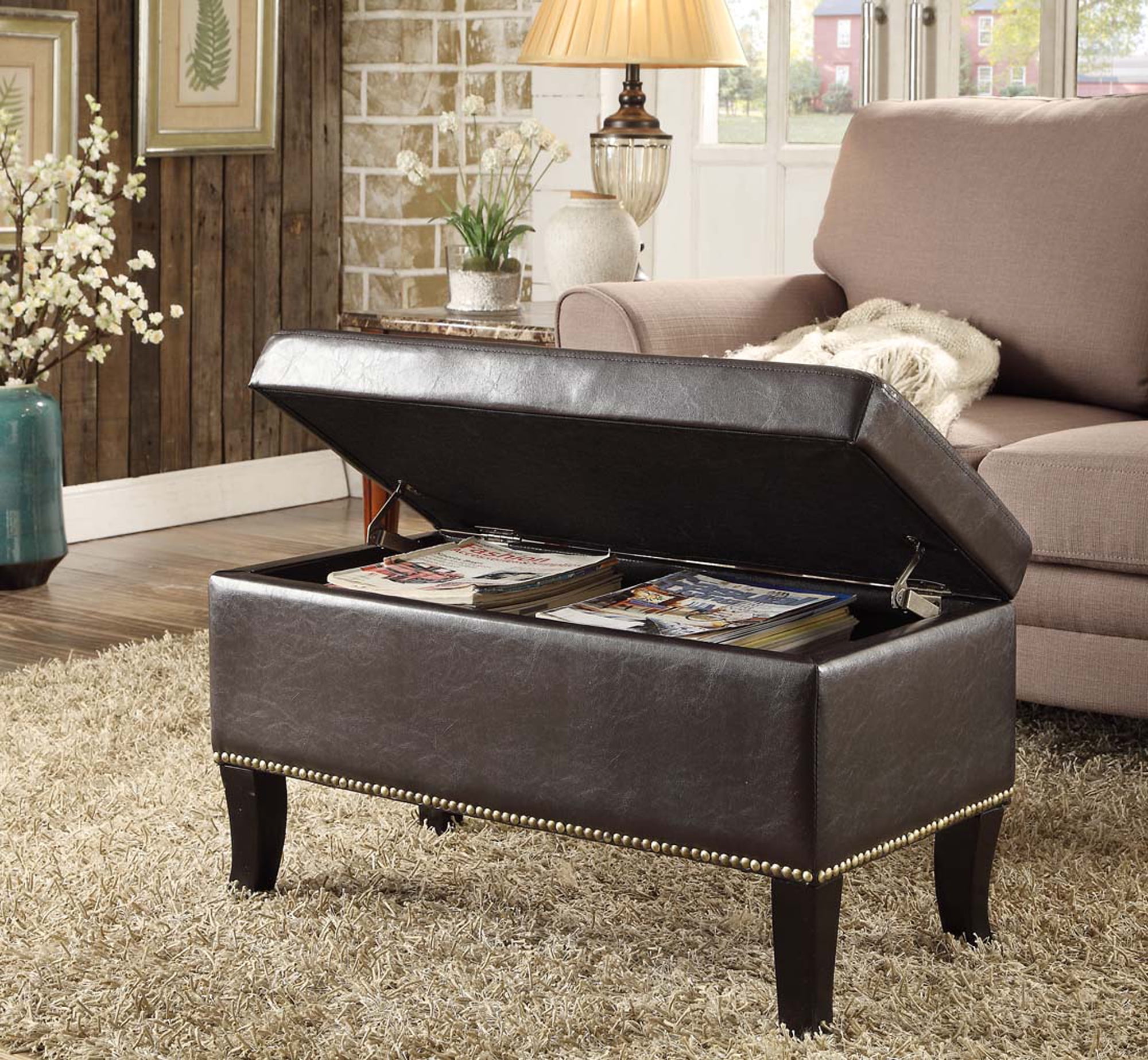 Espresso Faux Leather Tufted Storage Ottoman with Nailhead Trim