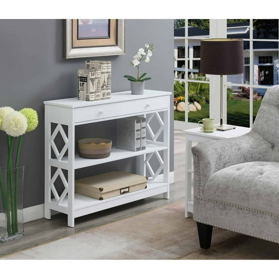Convenience Concepts Diamond 1 Drawer Console Table with Shelves, White