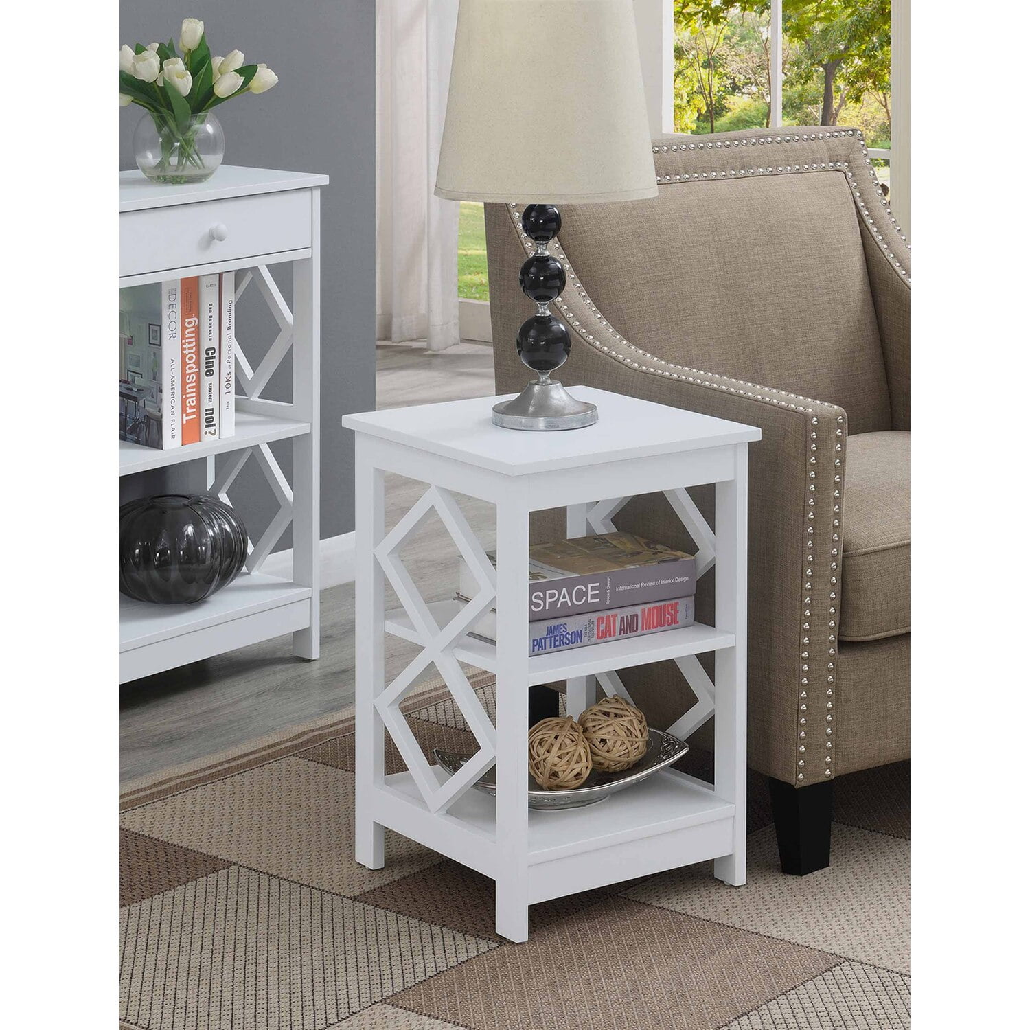 White Diamond Cutout 3-Tier Wood End Table