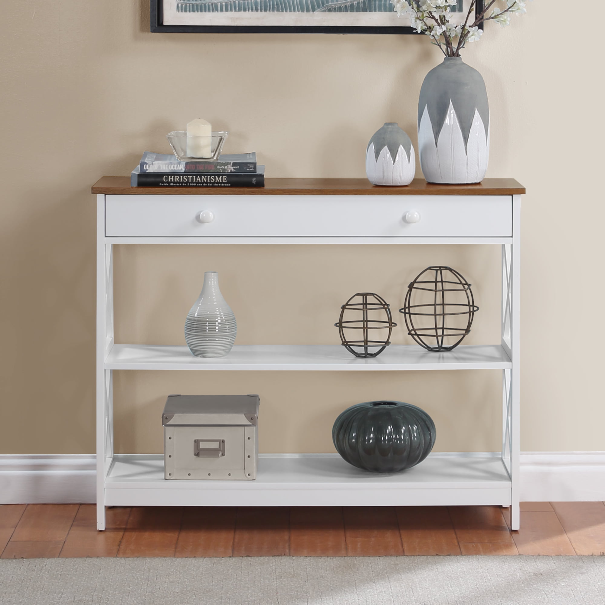 Oxford Driftwood White 40" Wood Console Table with Storage