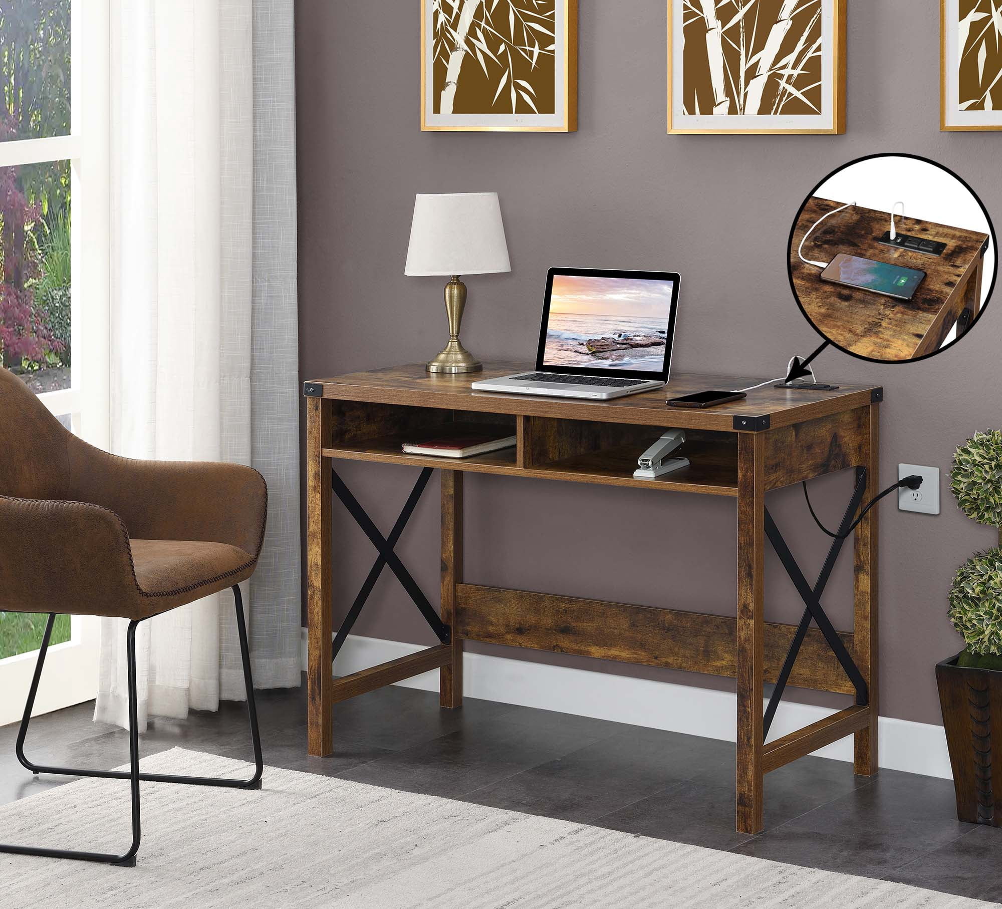 Convenience Concepts Durango 42 Inch Desk with Charging Station and ...