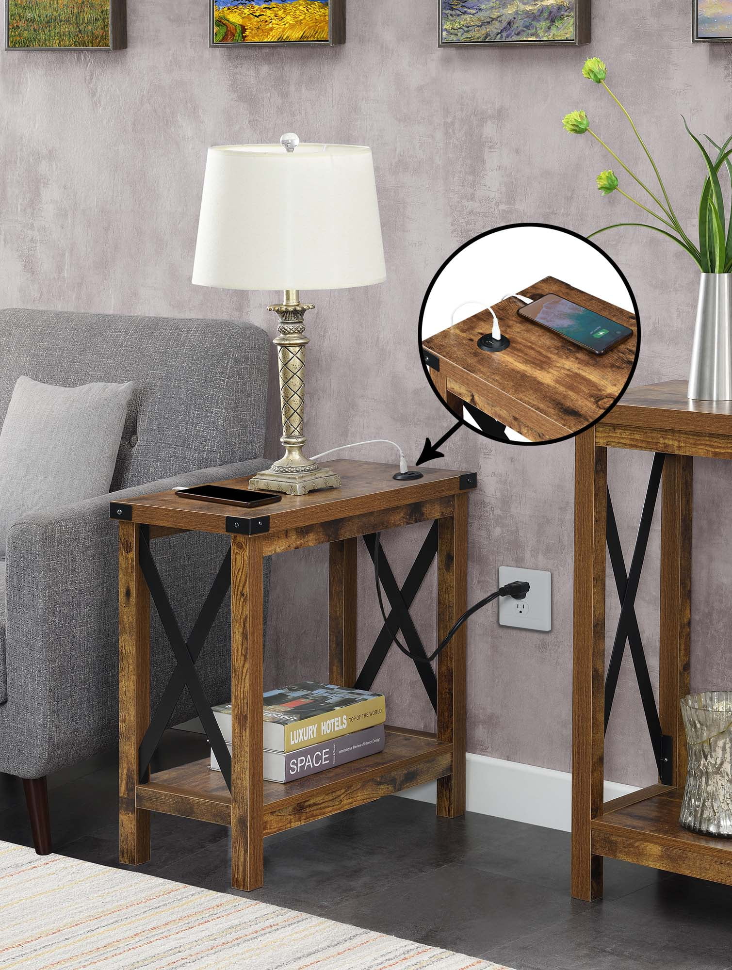 Durango Rustic Barnwood and Black Chairside Table with USB Charging Station