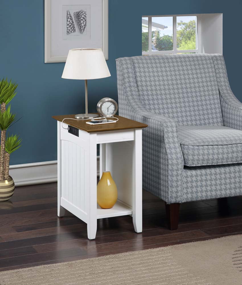 White Medium Wood Rectangular End Table with Charging Station