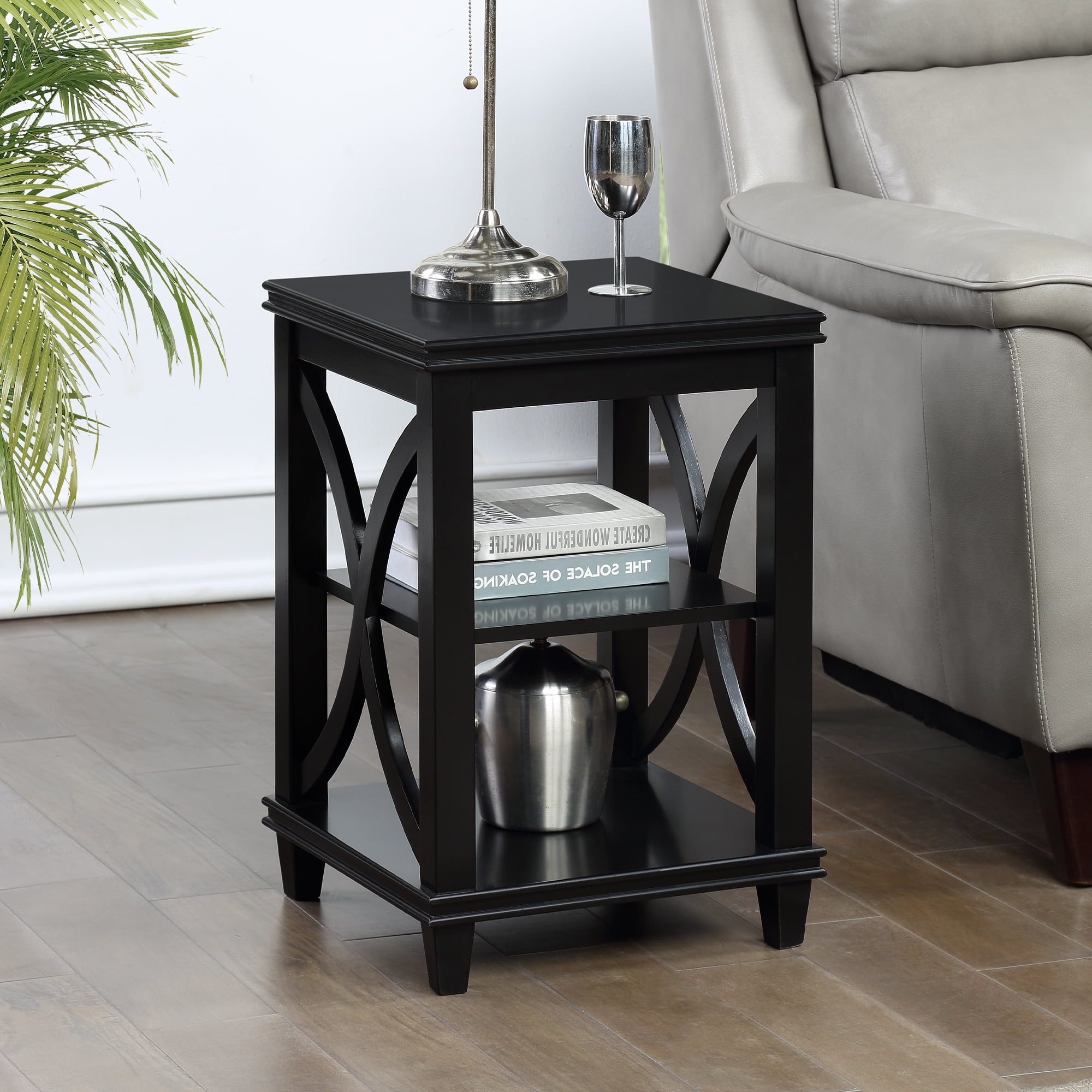 Elegant Florence Black Oak Veneer End Table with Shelves