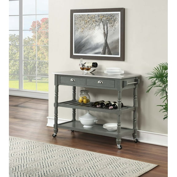 Convenience Concepts French Country 3 Tier Butcher Block Kitchen Cart with Drawers, Stainless Steel/Wirebrush Dark
