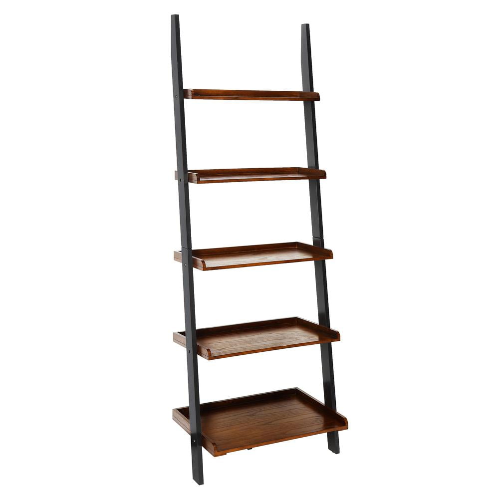 Elegant French Country 5-Shelf Ladder Bookcase in Dark Walnut and Black