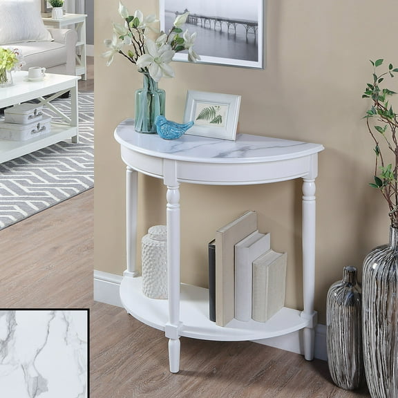 Convenience Concepts French Country Half-Round Entryway Table with Shelf, White Faux Marble/White