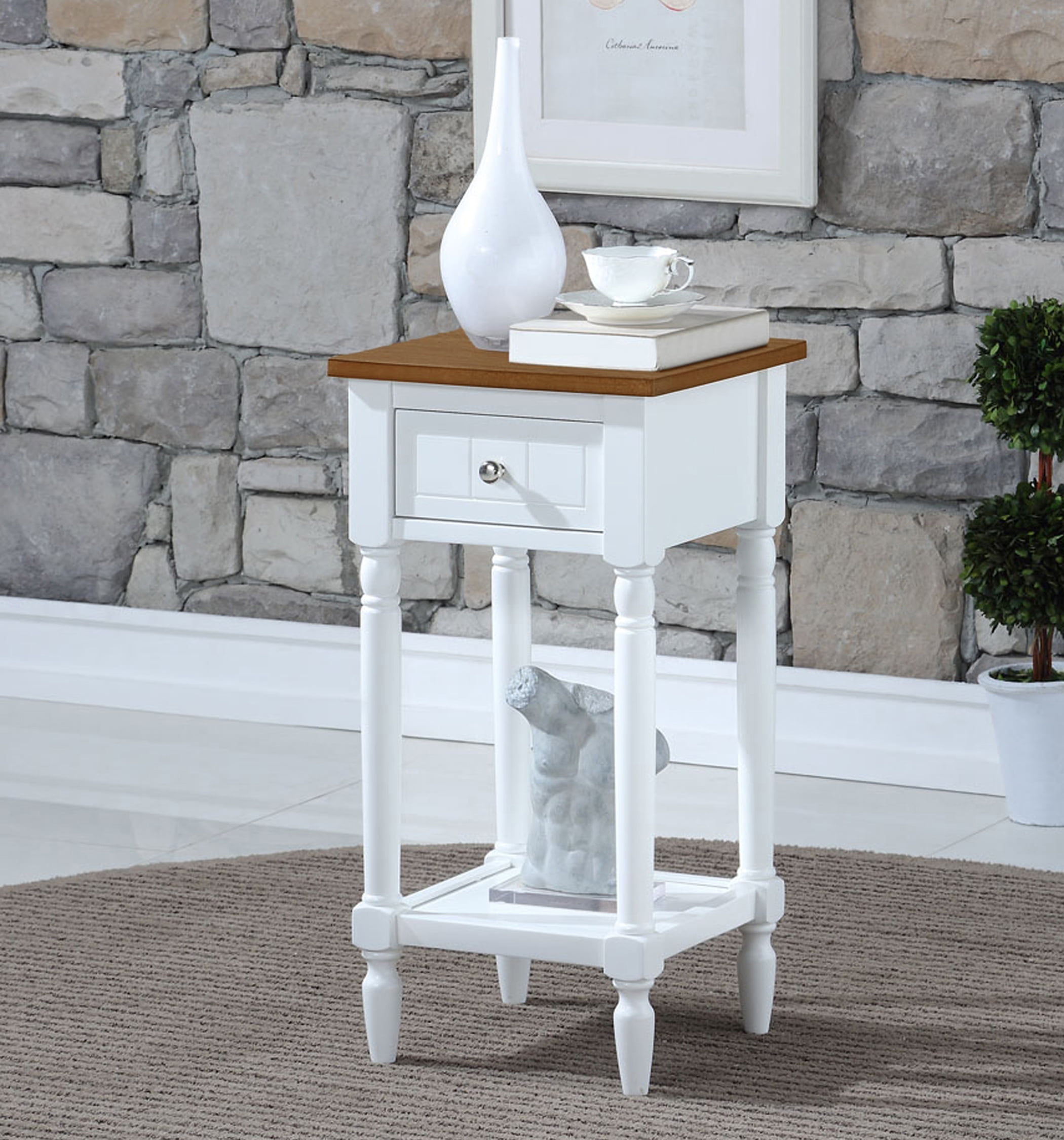 White and Medium Wood Spindle Leg Accent Table with Drawer