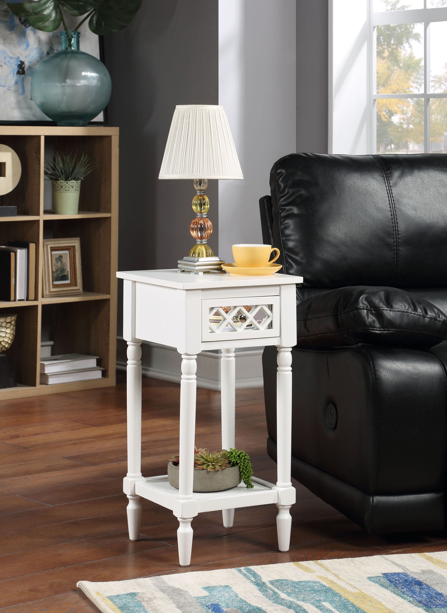 White Pinewood Square Accent Table with Mirrored Drawer