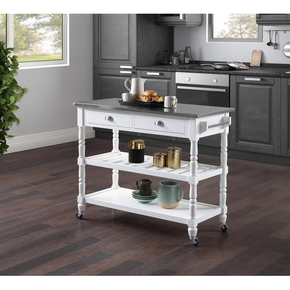 Convenience Concepts French Country 3 Tier Stainless Steel Kitchen Cart with Drawers, Stainless Steel/White