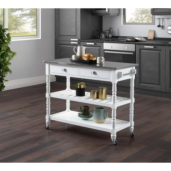 Convenience Concepts French Country 3 Tier Stainless Steel Kitchen Cart with Drawers, Stainless Steel/White