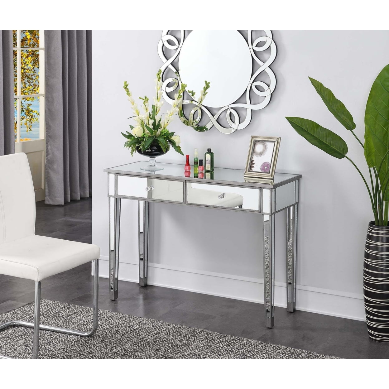Antique Silver Mirrored Wood Console Table with Storage
