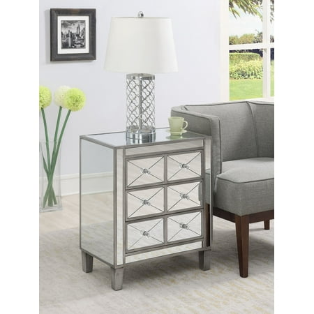 Convenience Concepts Gold Coast BettyB Mirrored 3 Drawer End Table, Antique Silver/Mirror