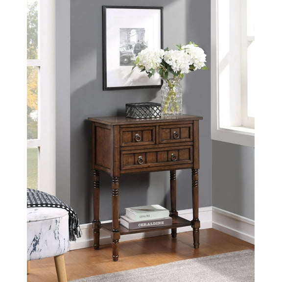 Convenience Concepts Kendra 3 Drawer Hall Table with Shelf, Dark Oak