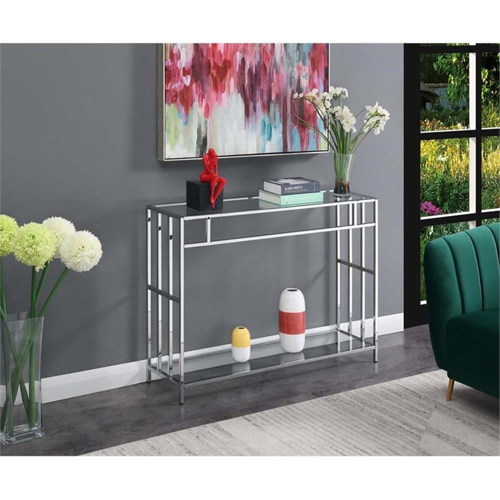 Mission Clear Glass and Chrome Console Table with Storage