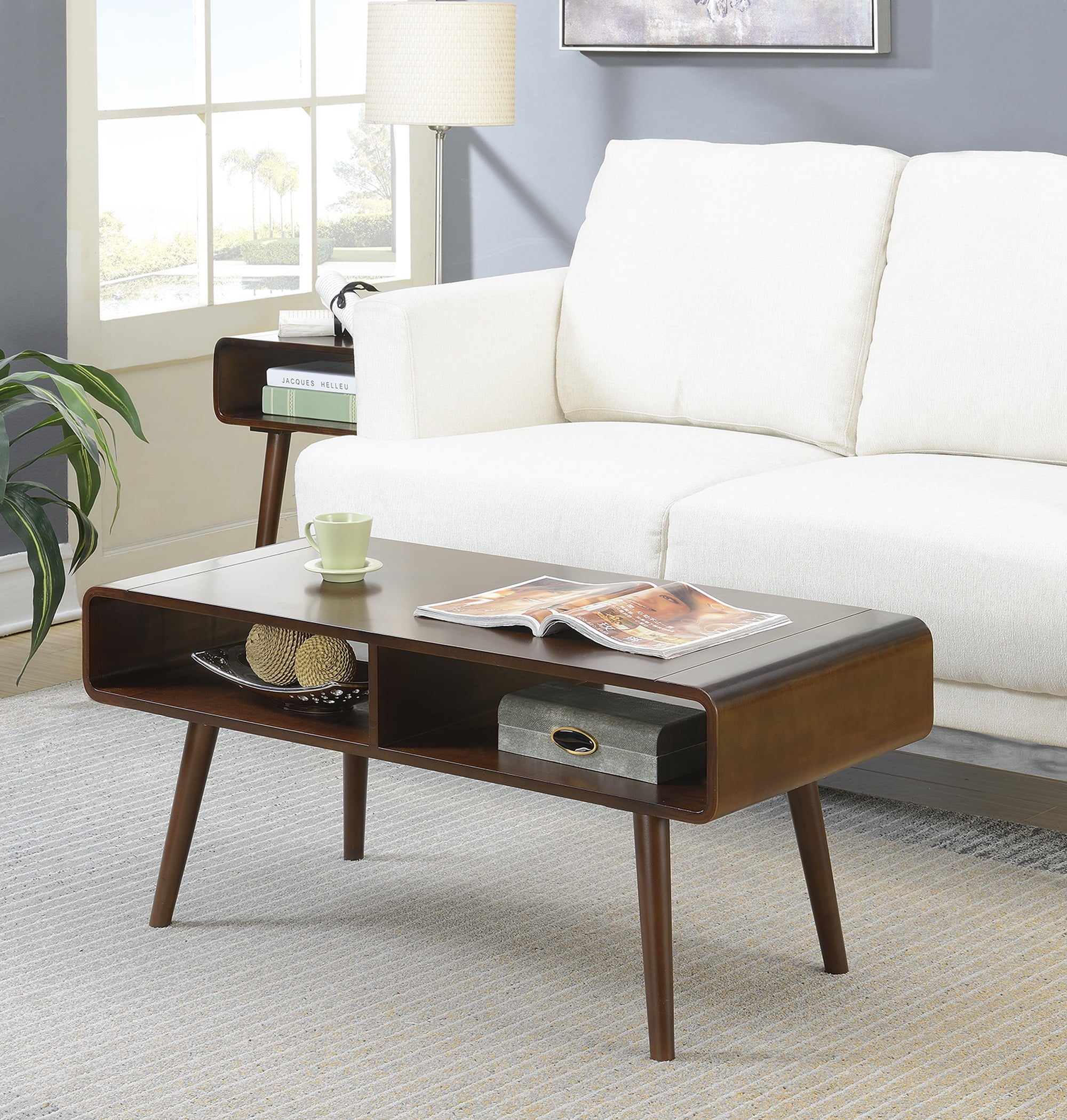 Mid-Century Modern Espresso Rectangular Coffee Table with Open Cubbies
