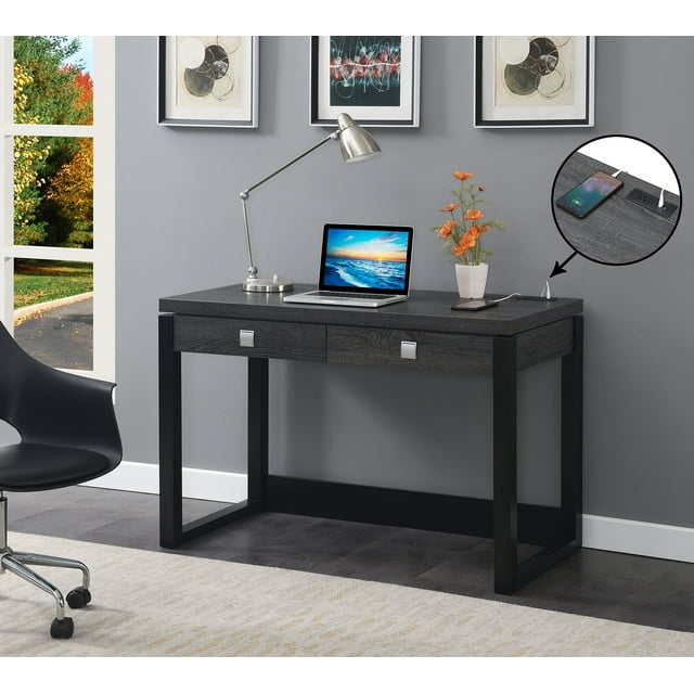 Convenience Concepts Newport 30.75 in. 2 Drawer Desk with Charging Station, Weathered Gray/Black