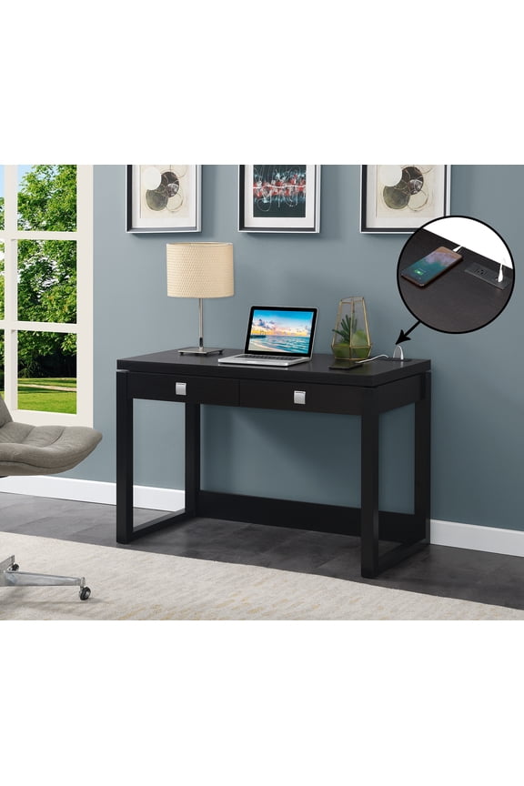 Newport 30.75 in. Tall 2 Drawer Desk with Charging Station, Espresso/Black