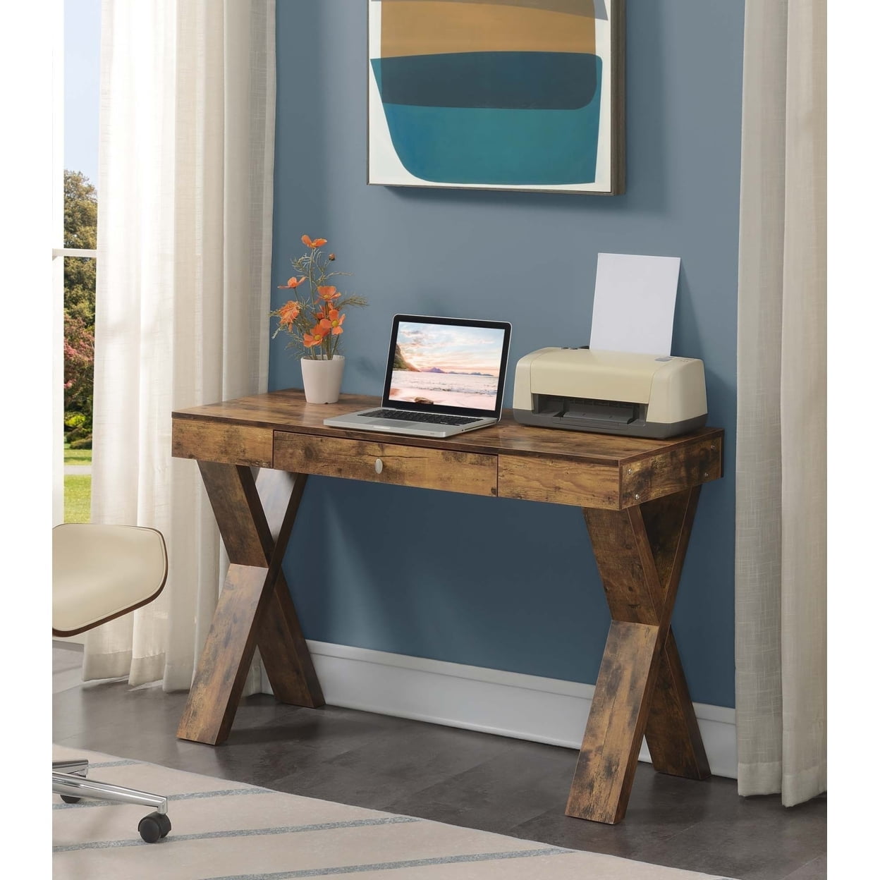 Newport Crisscross Leg Brown Desk with Sleek Drawer