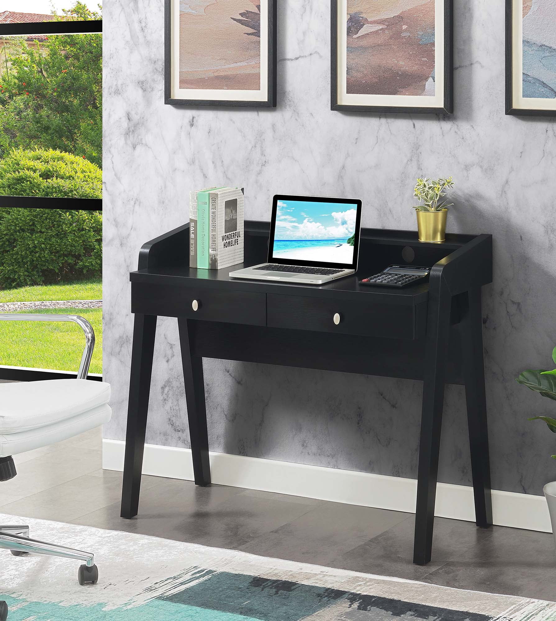 Newport Black 42" Contemporary Desk with Drawers & Shelf