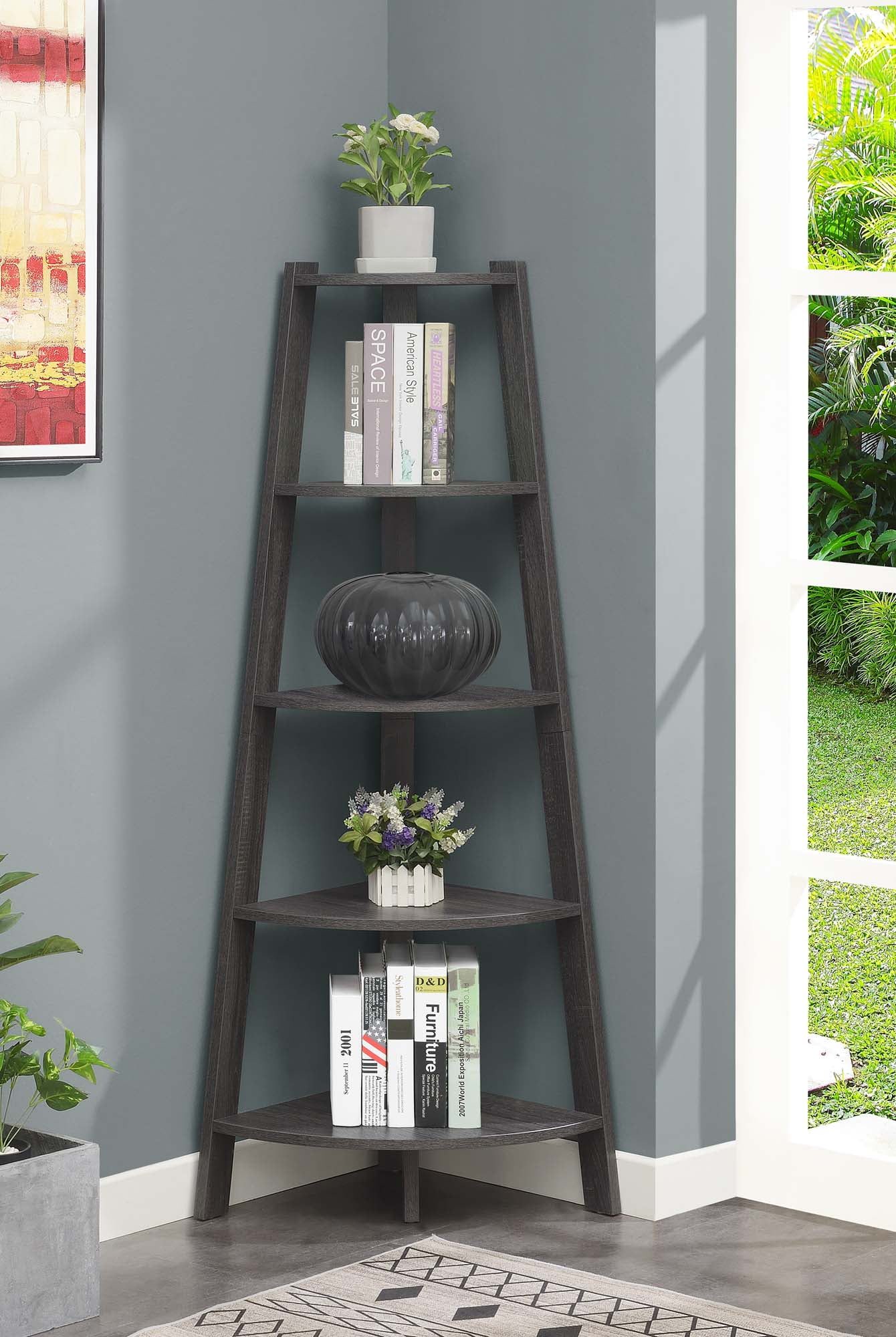 Convenience Concepts Newport 5 Tier Wide Corner Bookcase, Weathered Gray