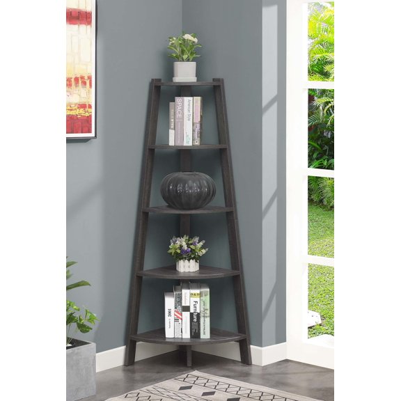 Convenience Concepts Newport 5 Tier Wide Corner Bookcase, Weathered Gray