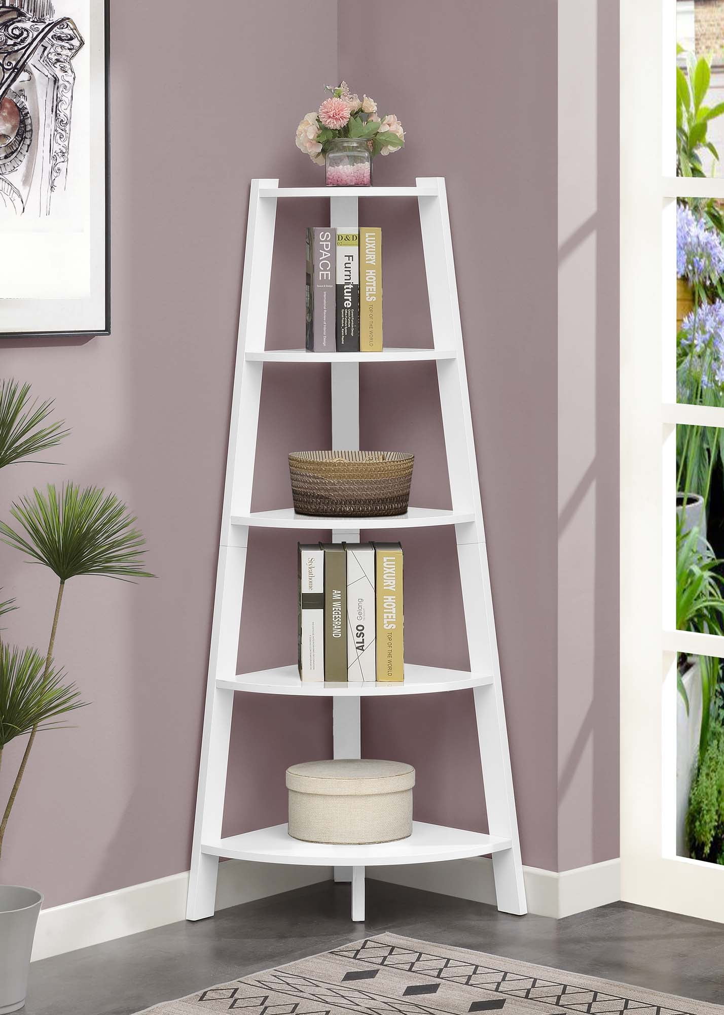 White 5-Tier Corner Bookcase with Wide Shelves